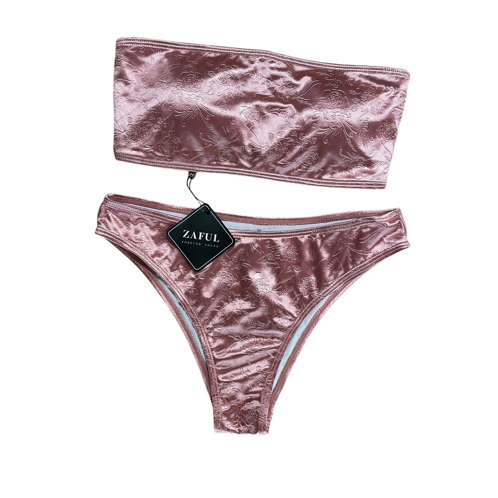 NEW Rose Gold Pink Floral‎ Texture Bikini Bandeau Strapless Tie Back Swimsuit S